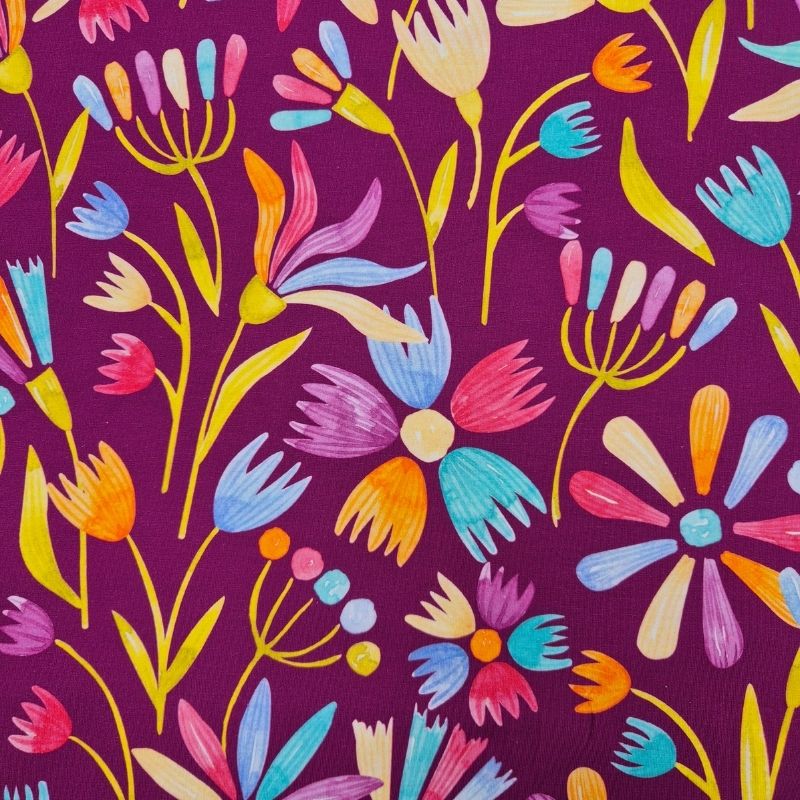 Trikå Flowerpop blommor lila, 150 cm, 95% bomull