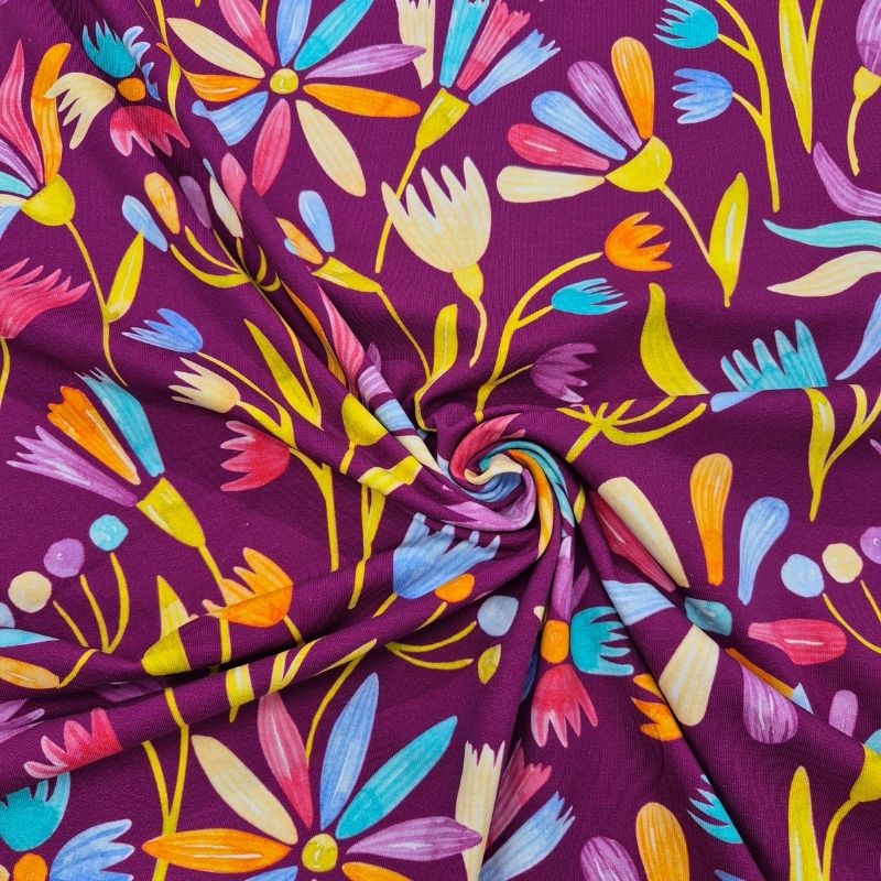 Trikå Flowerpop blommor lila, 150 cm, 95% bomull