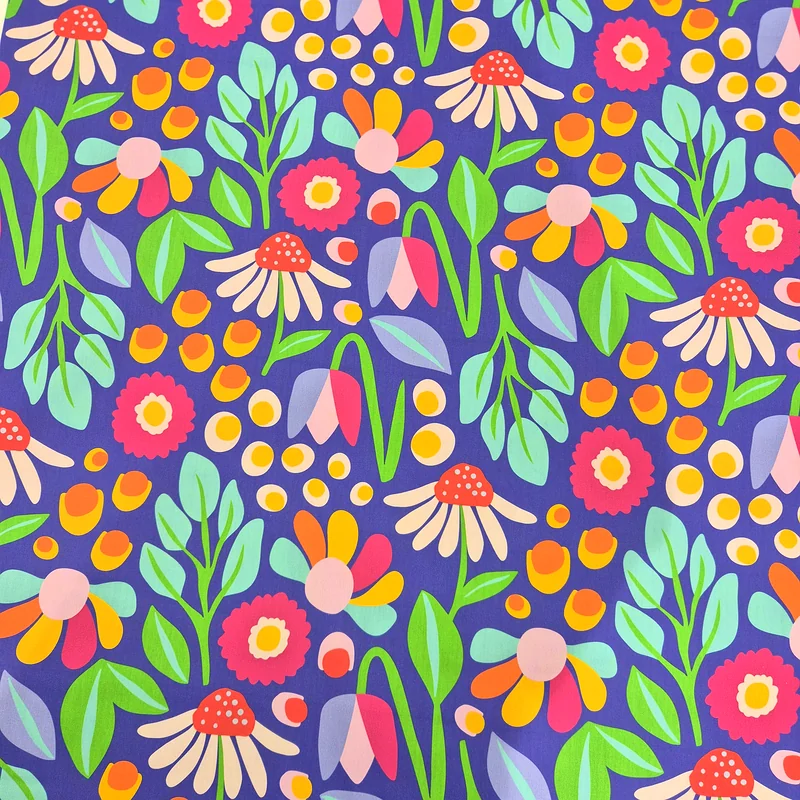 Bomullspoplin med färgglada blommor, 145 cm, 115 g/m²