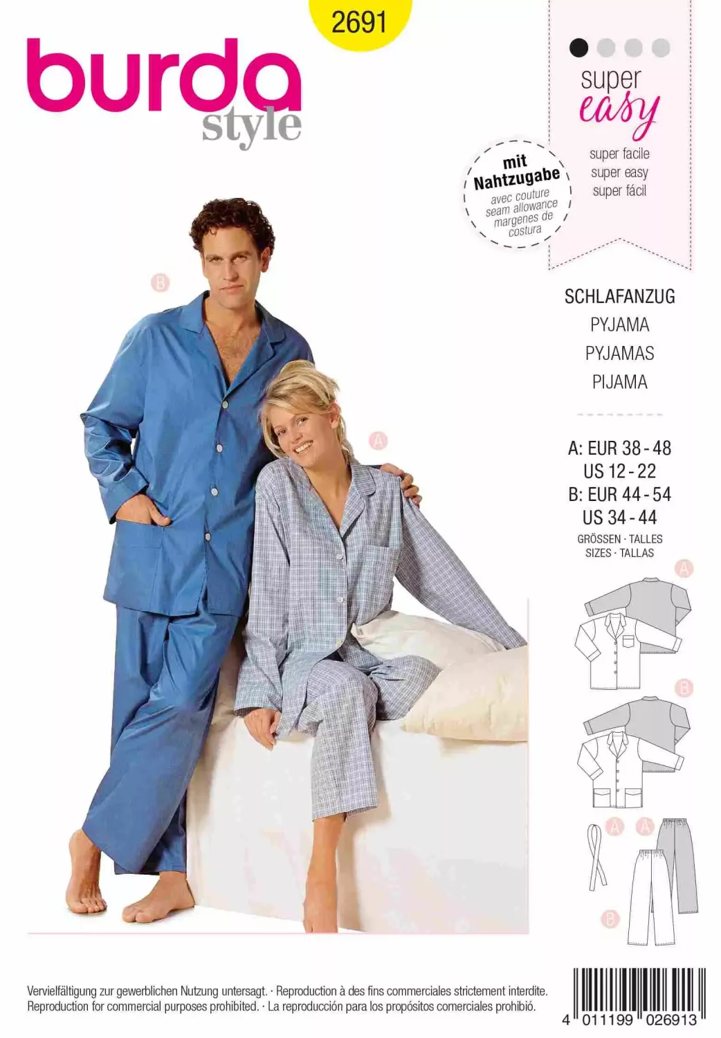 Burda 2691 pyjamas, herr och dam