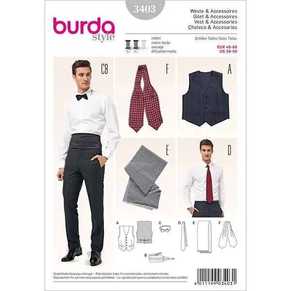Burda 3403 väst och accessoarer, herr