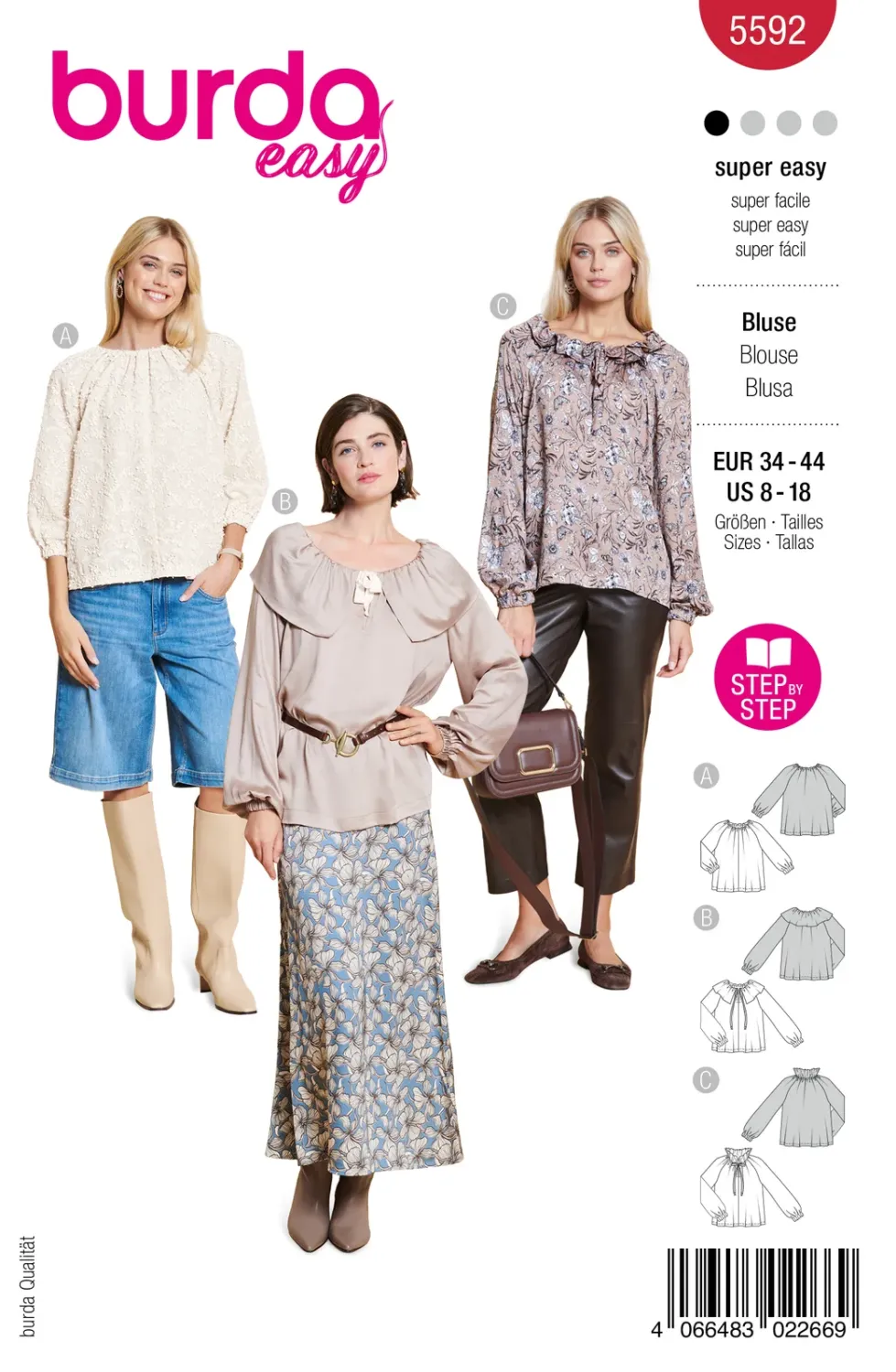 Burda 5592 – Blus med rynkad halsringning dam (34-44)