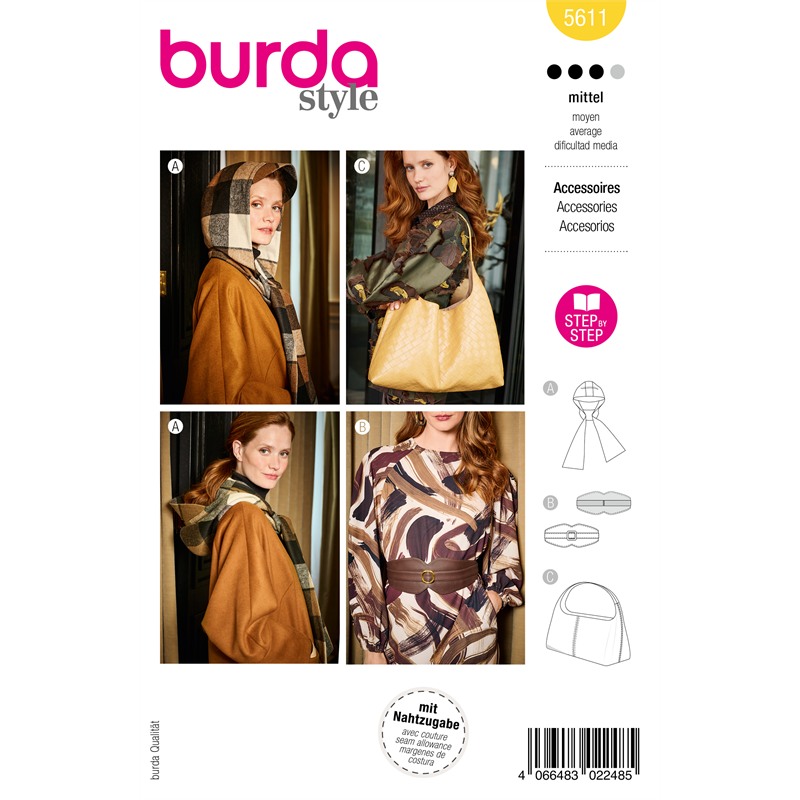 Burda 5611 | Huvudsjal, midjeskärp och axelväska