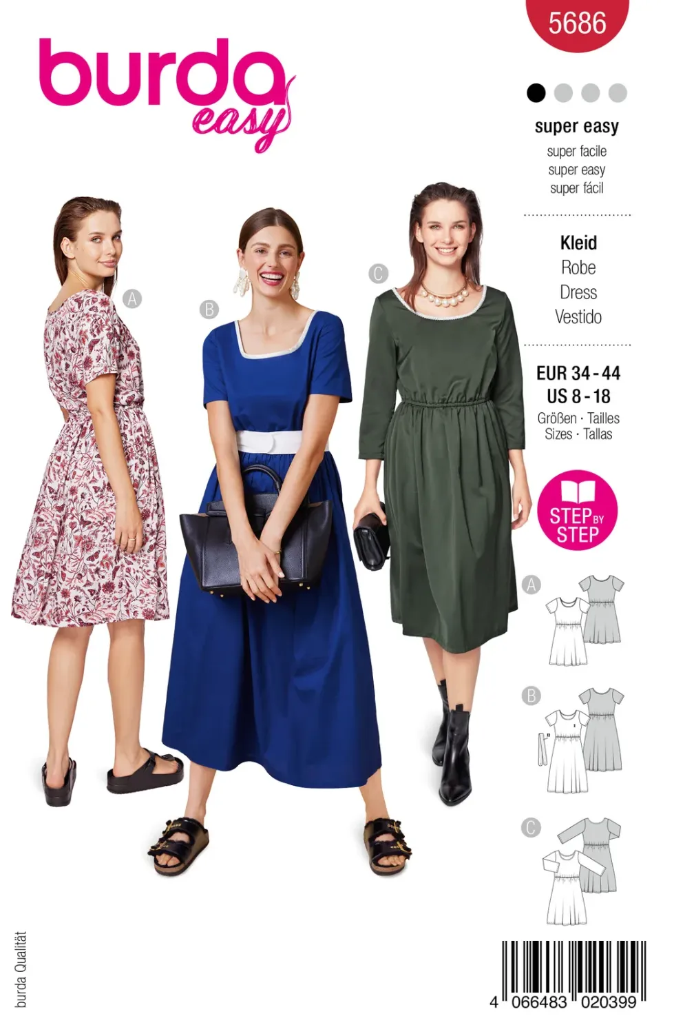 Burda 5686 klänningar dam, stl 34-44