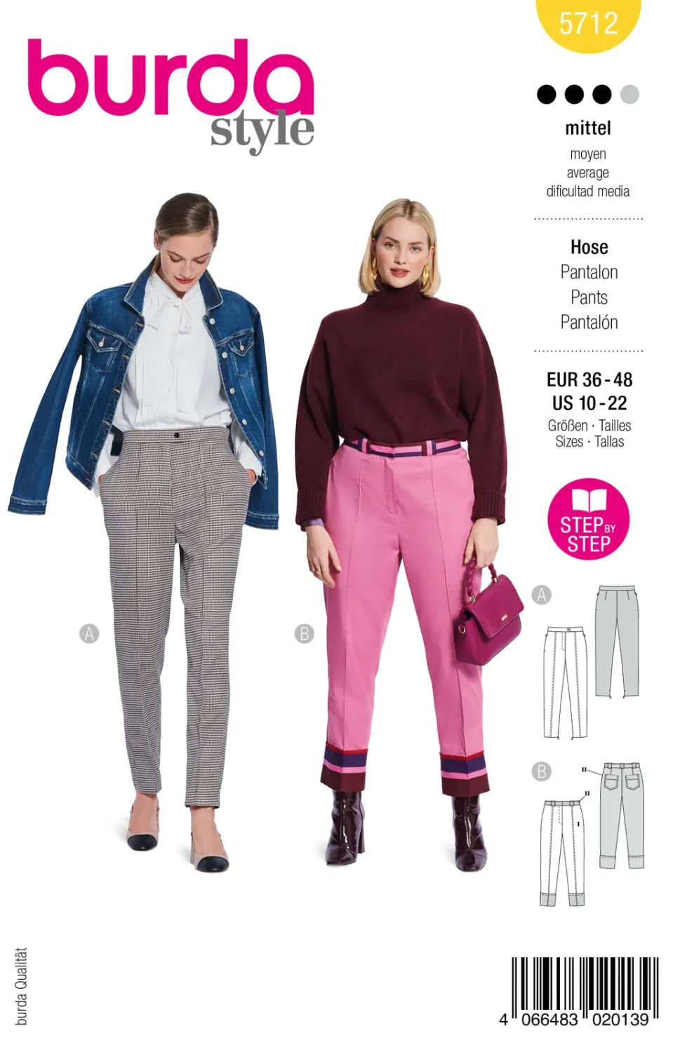 Burda 5712 – Högmidjade byxor med pressveck dam (36-48)