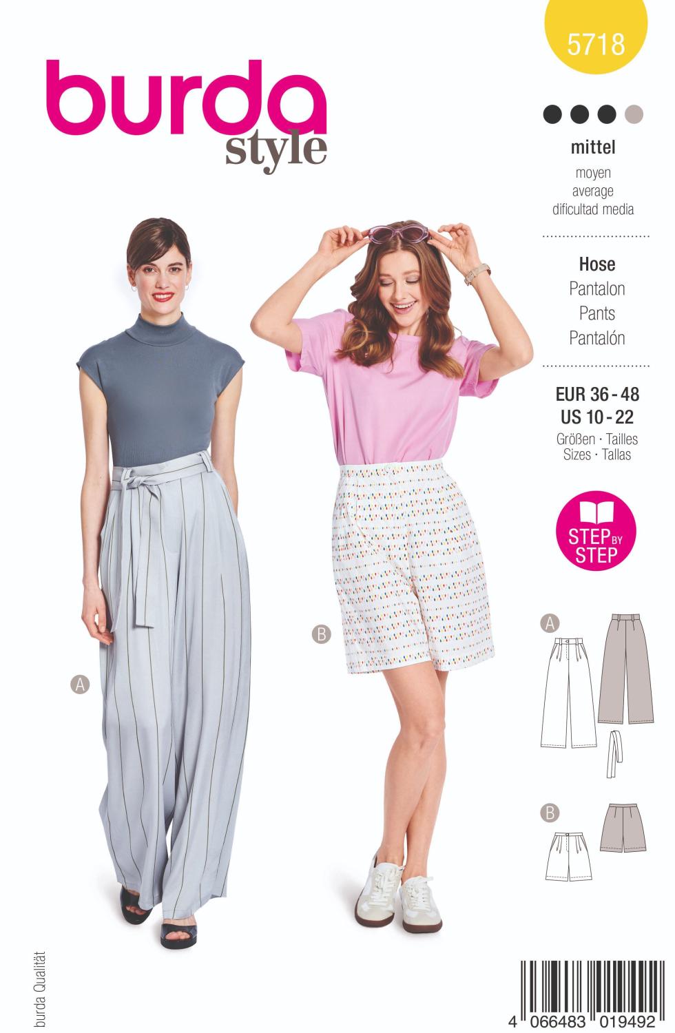 Burda 5718 Byxor med veck och djupa fickor