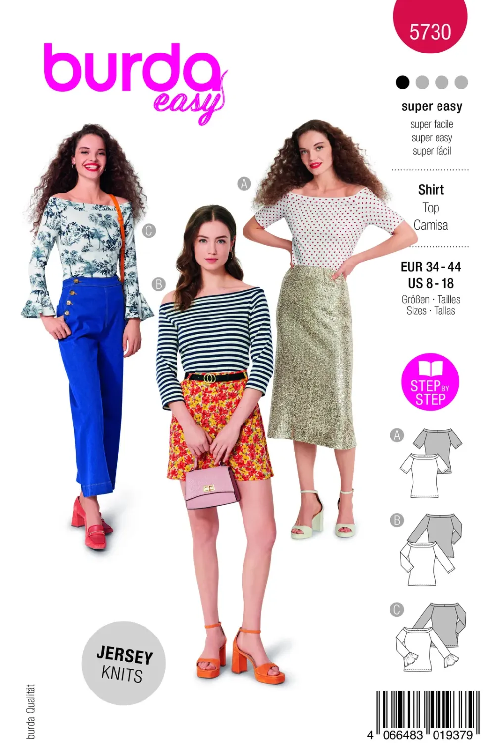 Burda 5730 – Skjorta med bred halsringning och volanger dam (34-44)