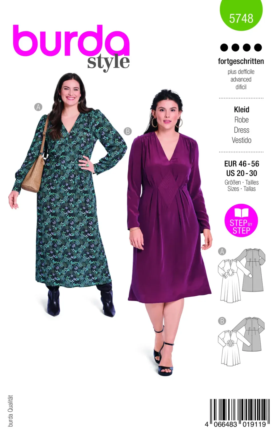 Burda 5748 – Klänning med draperade veck dam (46-56)