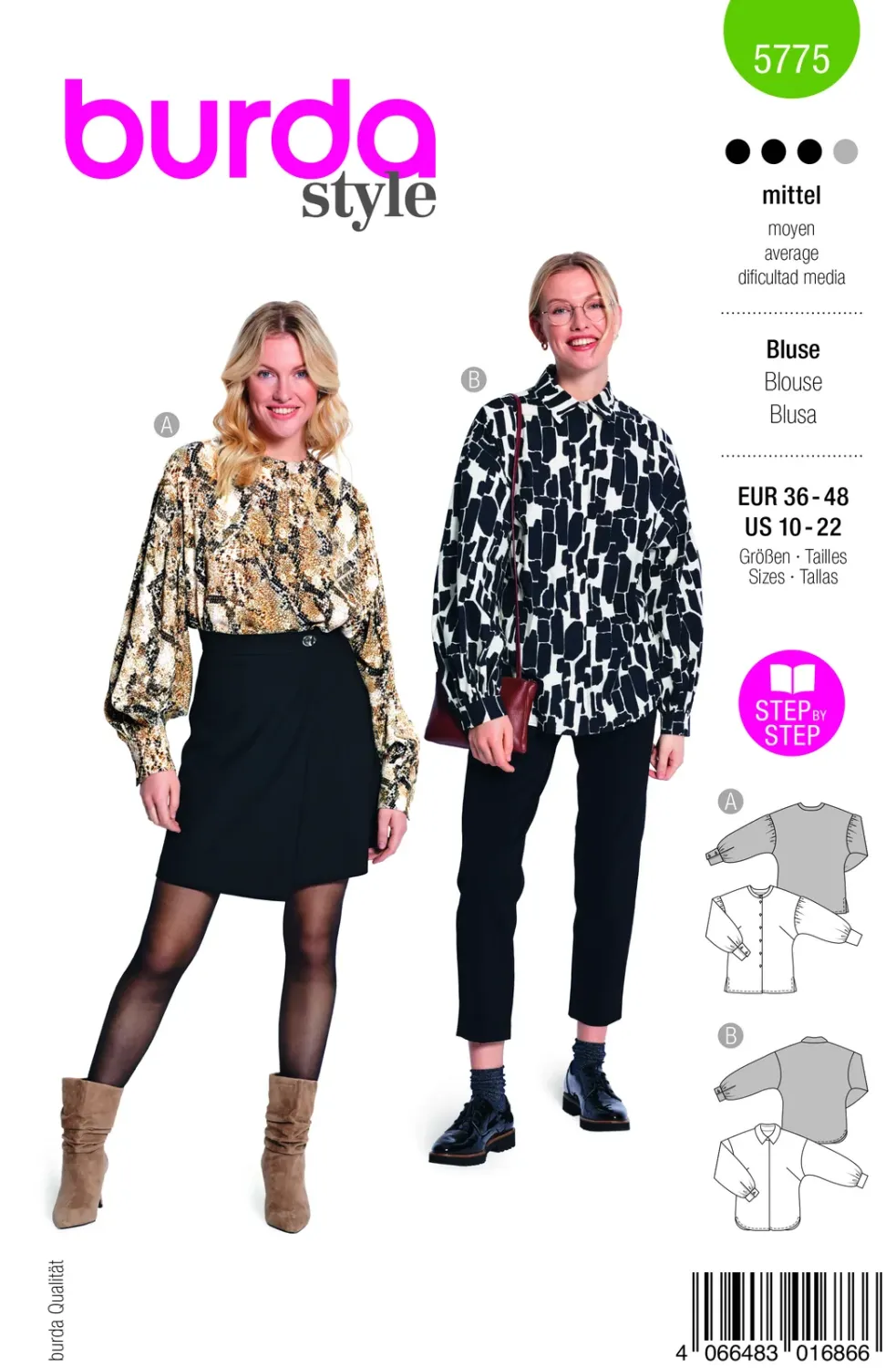 Burda 5775 – Blus med draperade ärmar dam (36-48)