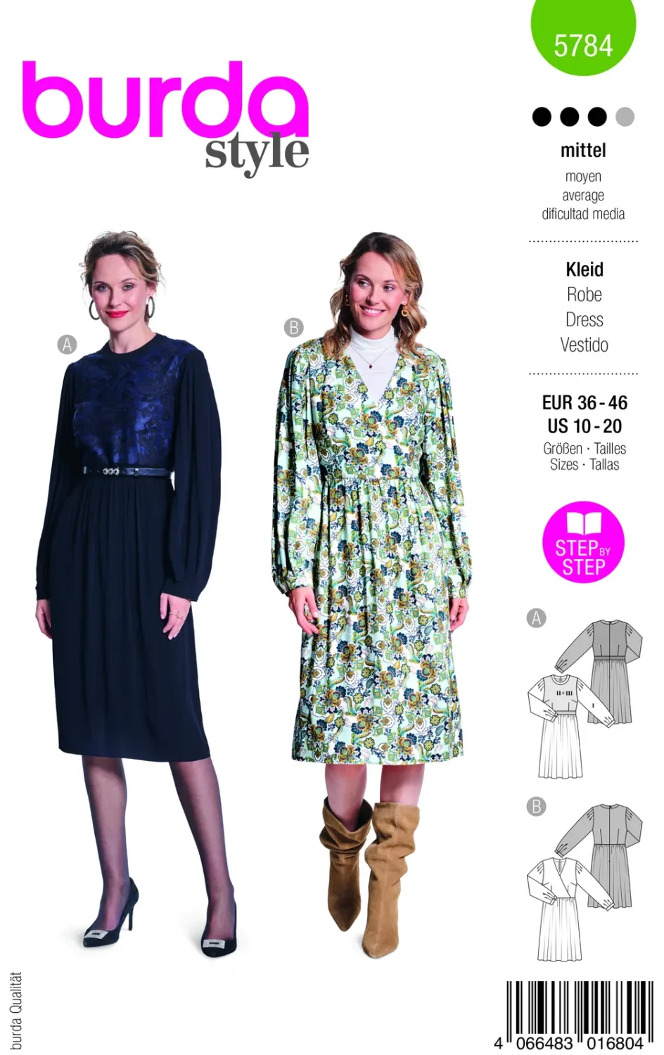 Burda 5784 – Klänning med voluminösa ärmar och spets dam (36-46)