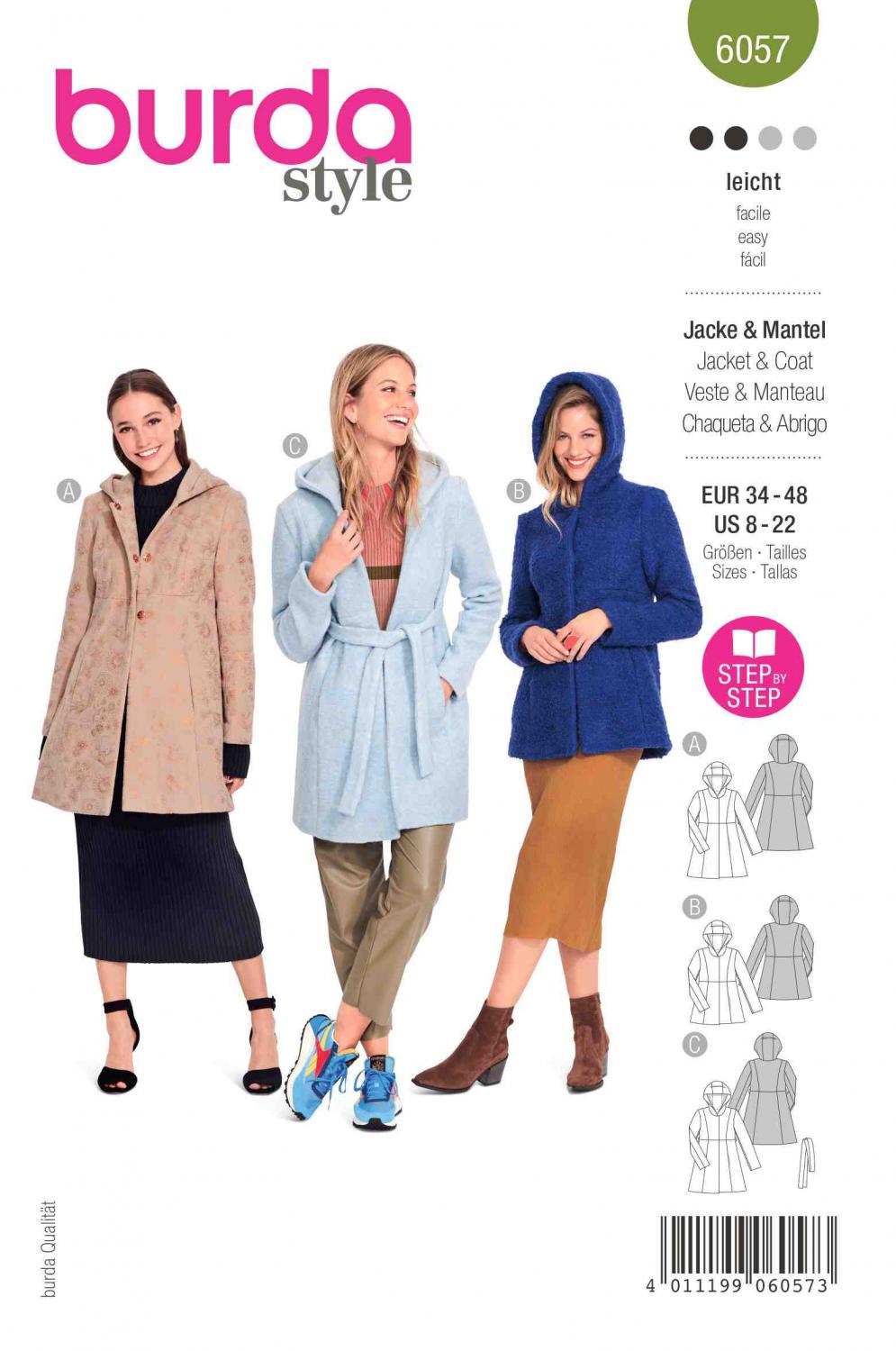 Burda Mönster 6057 - Kappa, Jacka med Panel Söm och Huva
