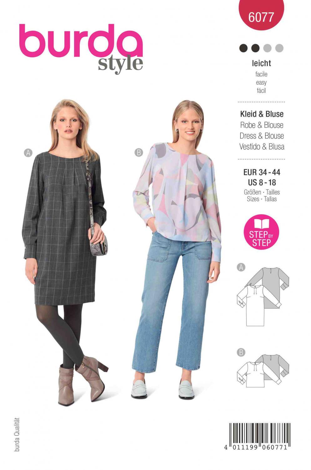 Burda Mönster 6077 - Klänning och blus i rak design med manschetter