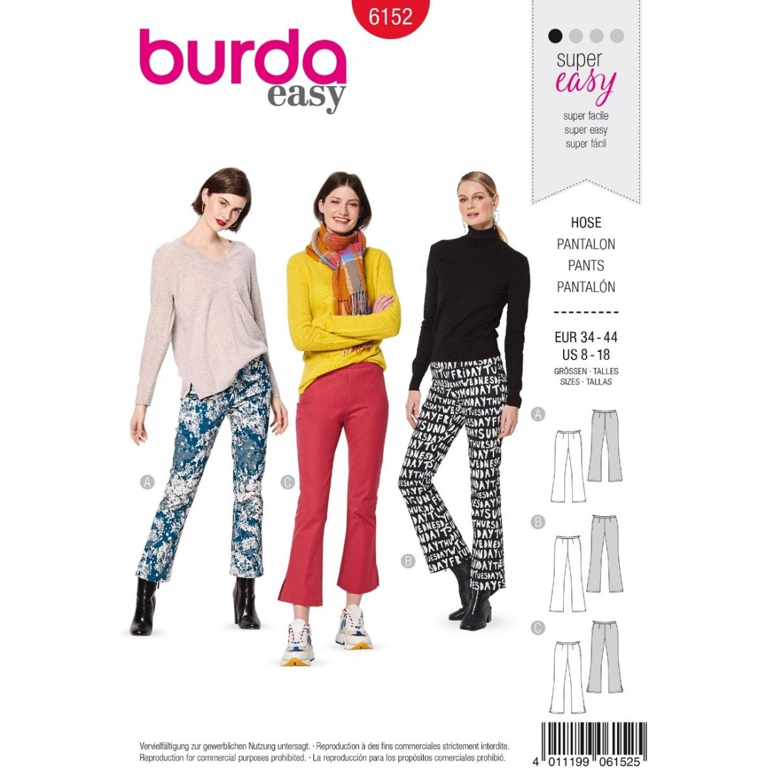 Burda Mönster 6152 - Utsvängda byxor med midjeband och sidodragkedja