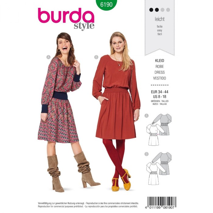 Burda Mönster 6190 - Klänning – Bred midjeband, rynkat midjeband – Raglanärmar