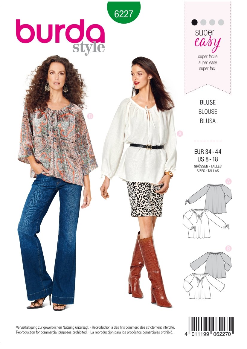 Burda Mönster 6227 - Blus – Carmenblus – Dragsko i halsringningen