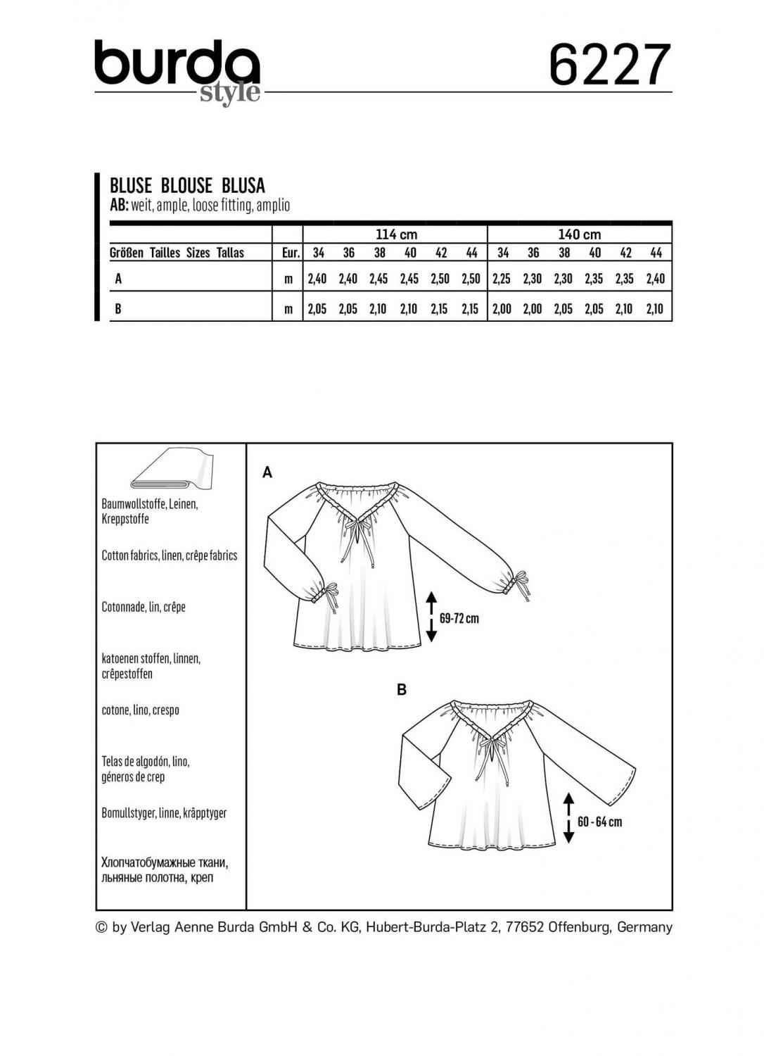 Burda Mönster 6227 - Blus – Carmenblus – Dragsko i halsringningen