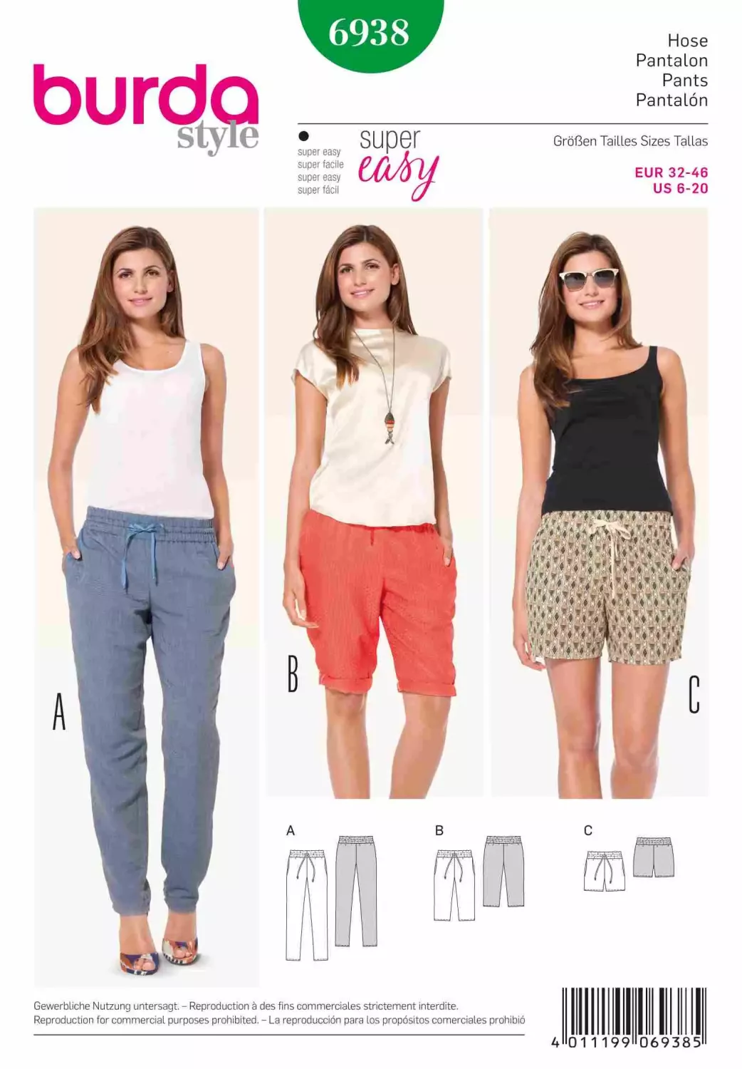 Burda 6938 byxor och shorts, dam