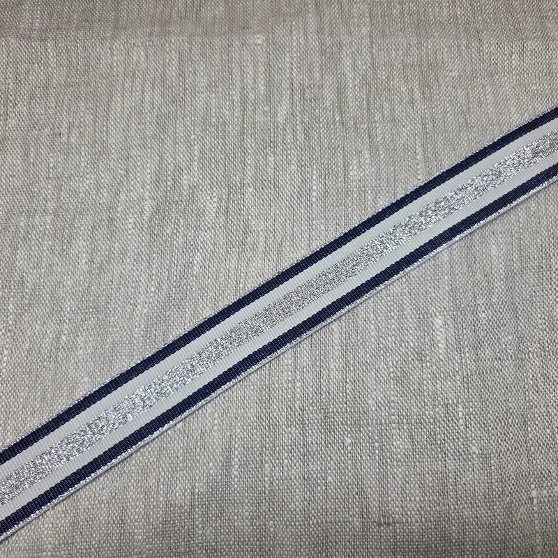 Ripsband 25mm Offwhite, blå, silver'