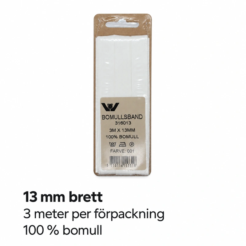Bomullsband 13 mm 3 m Vit