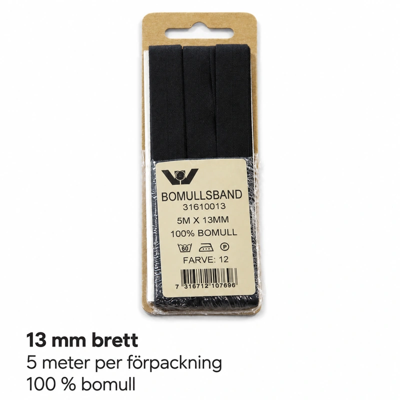 Bomullsband 13 mm 3 m Svart
