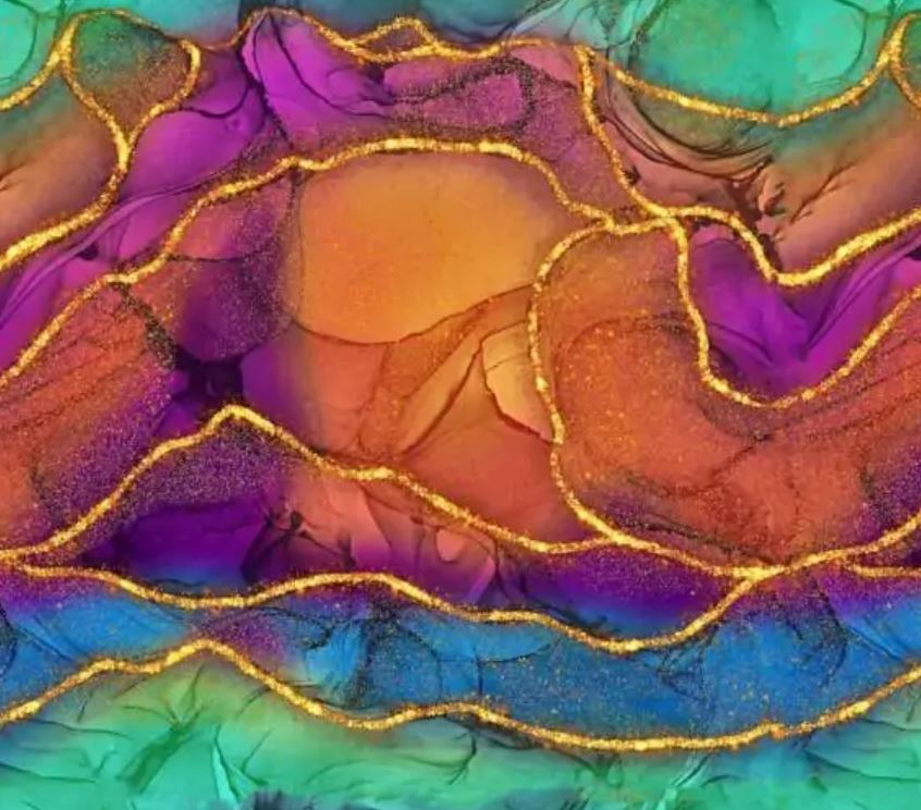 Trikå färgglatt marmor guldglitter, GOTS ekologisk bomull