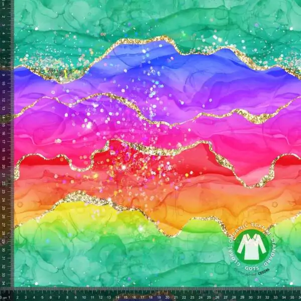Trikå regnbåge guldglitter, GOTS ekologisk bomull