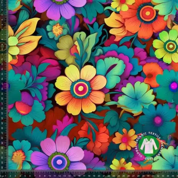 Trikå färgexplosion retro blommor, GOTS ekologisk bomull