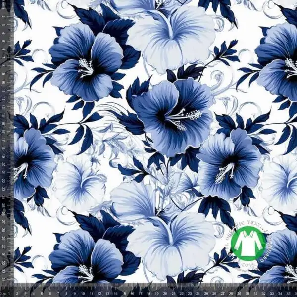 Trikå med hibiskusblommor i blått, GOTS ekologisk bomull