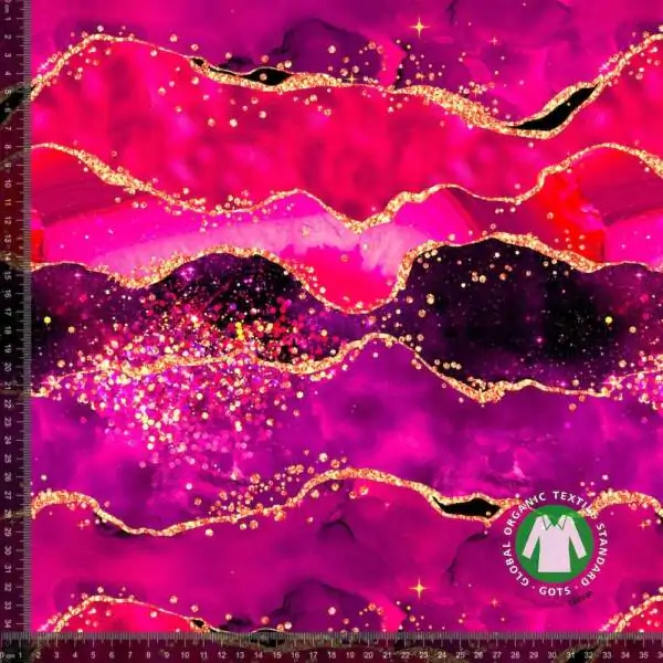 Trikå rosa marmor guldglitter, GOTS ekologisk bomull