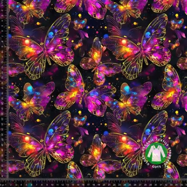 Trikå glödande fjärilar guld lila, GOTS ekologisk bomull