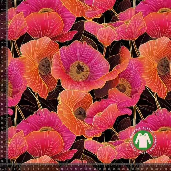 Trikå stora vallmor rosa orange, GOTS ekologisk bomull