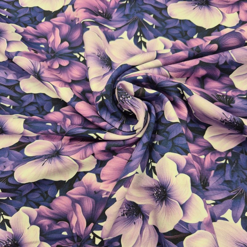 Trikåtyg, digitaltryckt – lila blommor