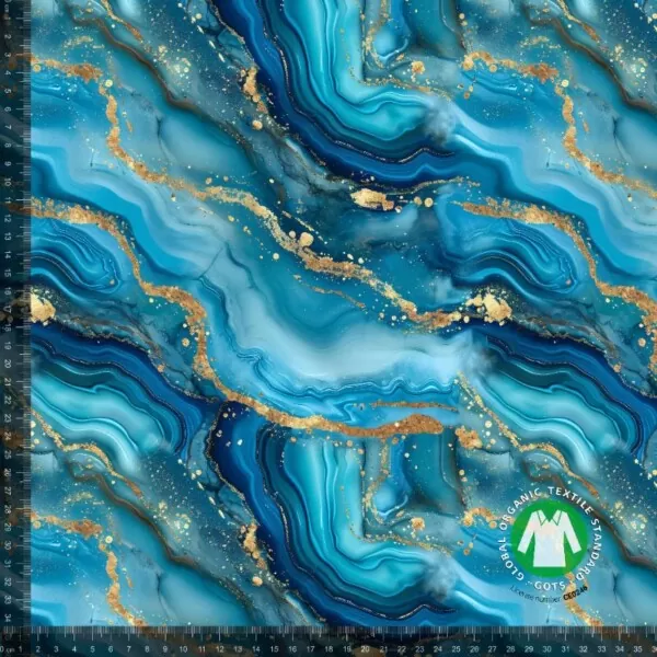 Trikå marmormönster turkos guld, GOTS ekologisk bomull