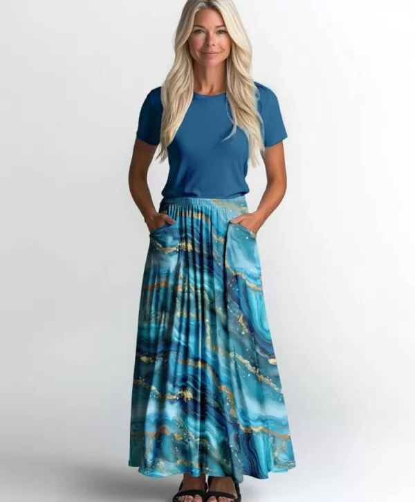 Trikå marmormönster turkos guld, GOTS ekologisk bomull