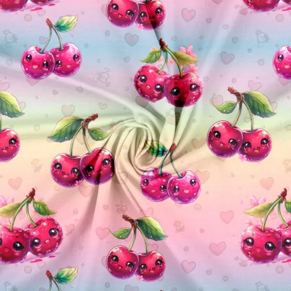 Trikå söta körsbär hjärtan pastell, GOTS ekologisk bomull