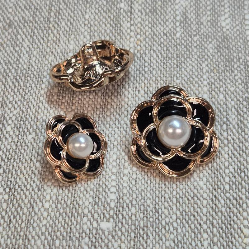 Dekorknapp med hals - Blomma med pärla - Svart och guld