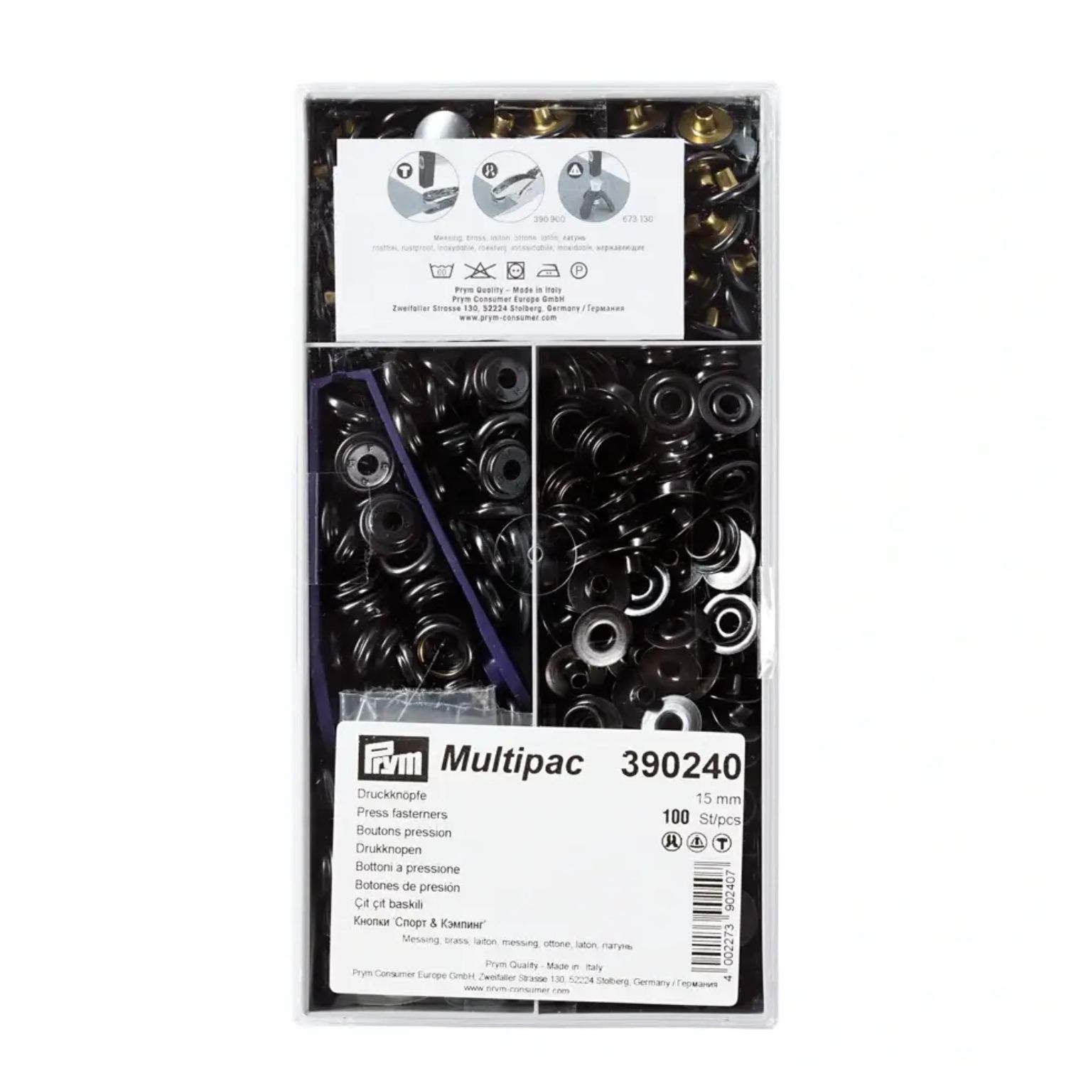 Storpack 100st Tryckknappar Sport & Camping 15mm Svart