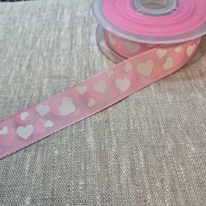 Dekorband Rosa 25mm Vita hjärtan på rosa