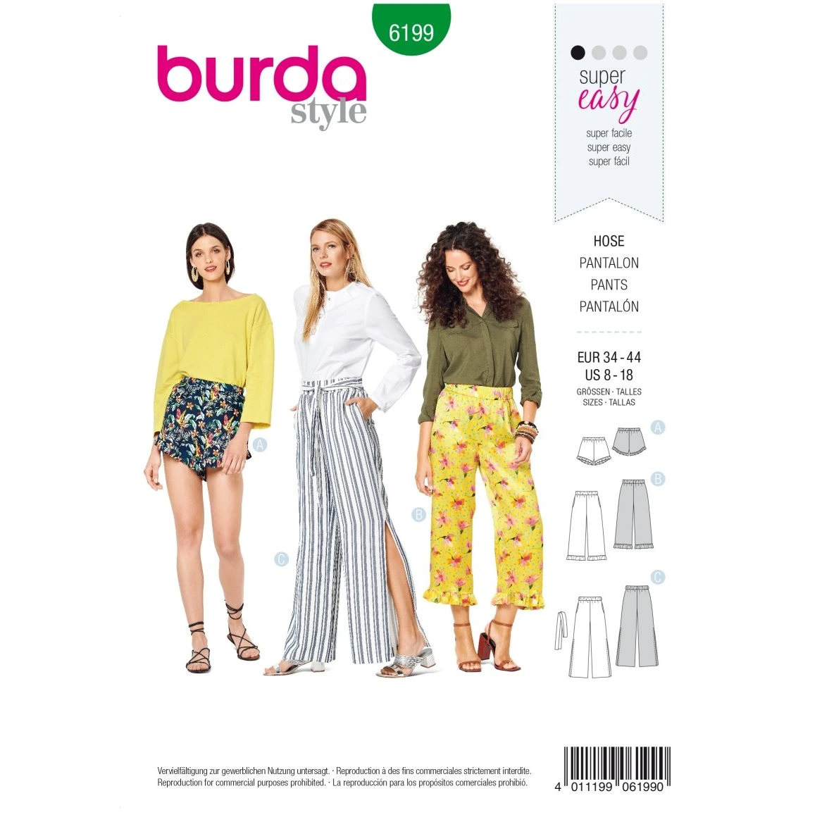 Burda Mönster 6199 - Byxor - Shorts - Resårmidja - Fållvolanger