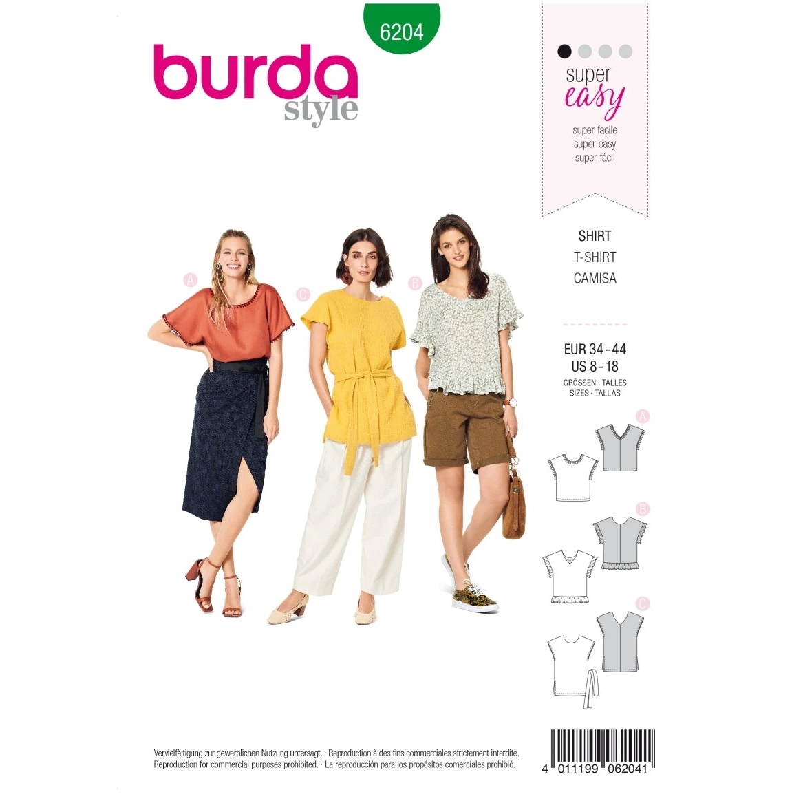 Burda Mönster 6204 - Blus Skjorta - Överklippta Axlar - V-ringning Fram eller Bak