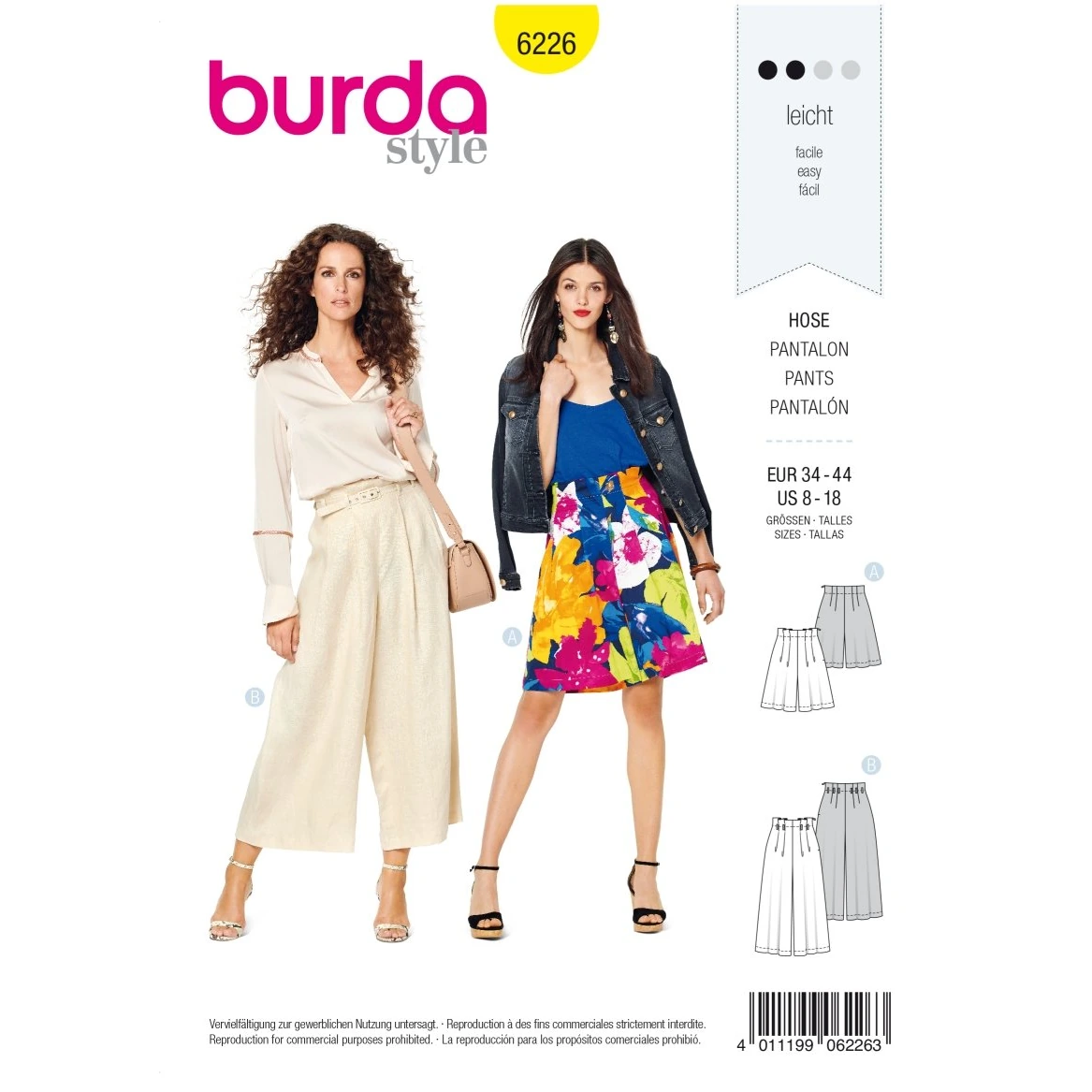 Burda Mönster 6226 - Bermudas - Culotter - Veck vid midjebandet