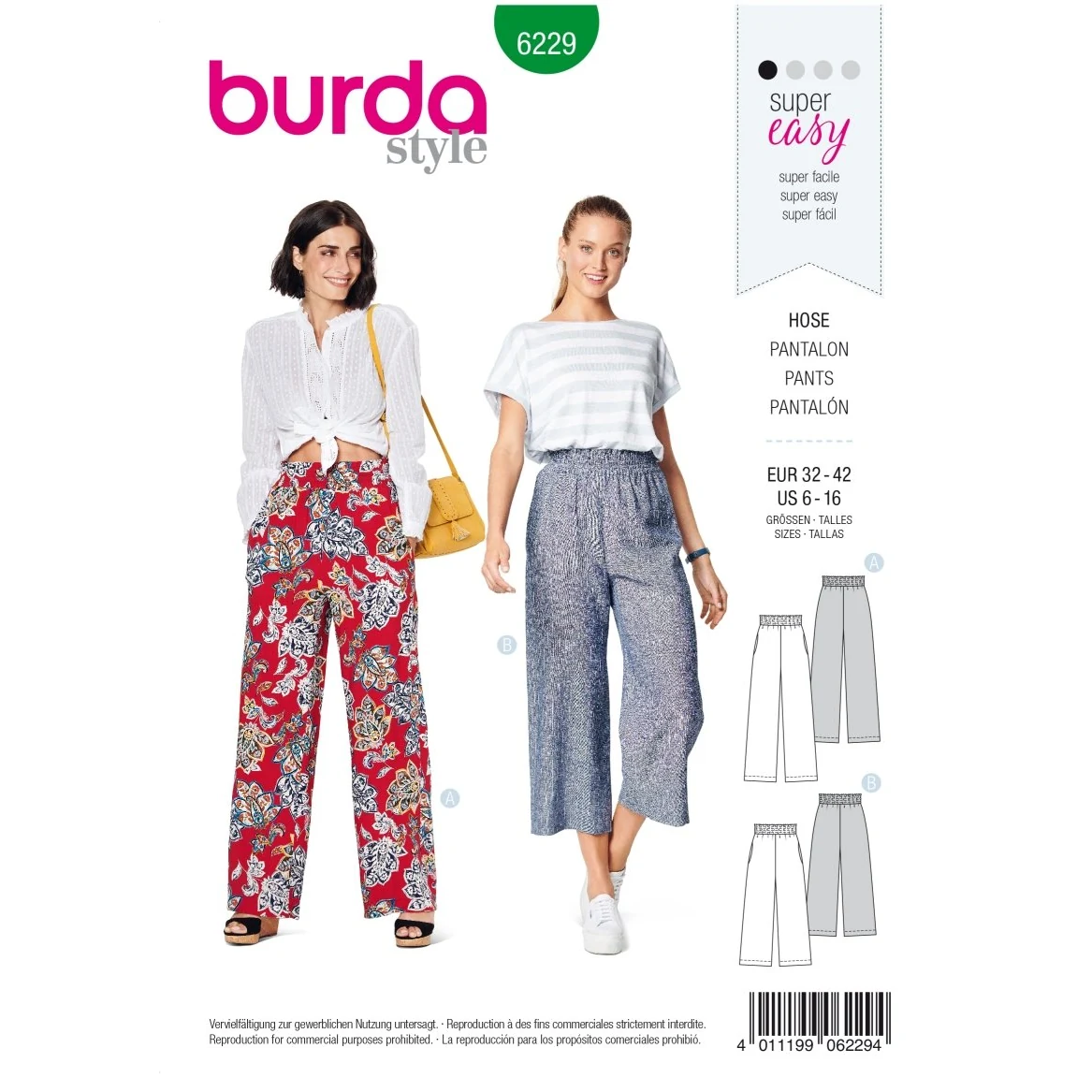 Burda Mönster 6229 - Byxor med resårmidja och fickor i sömmarna - Vida ben