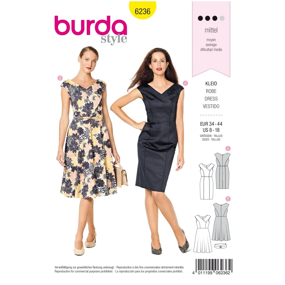 Burda Mönster 6236 - Klänning i omlottlook - V-ringning - Överdimensionerade axlar