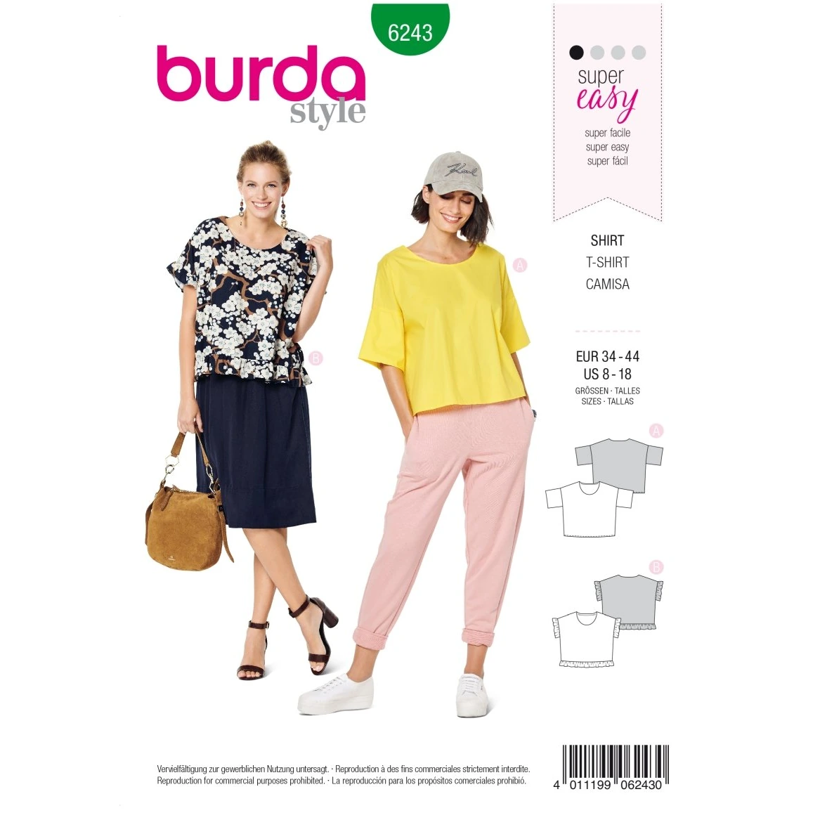 Burda Mönster 6243 - Topp - Rund halsringning - Boxig form - Volanger