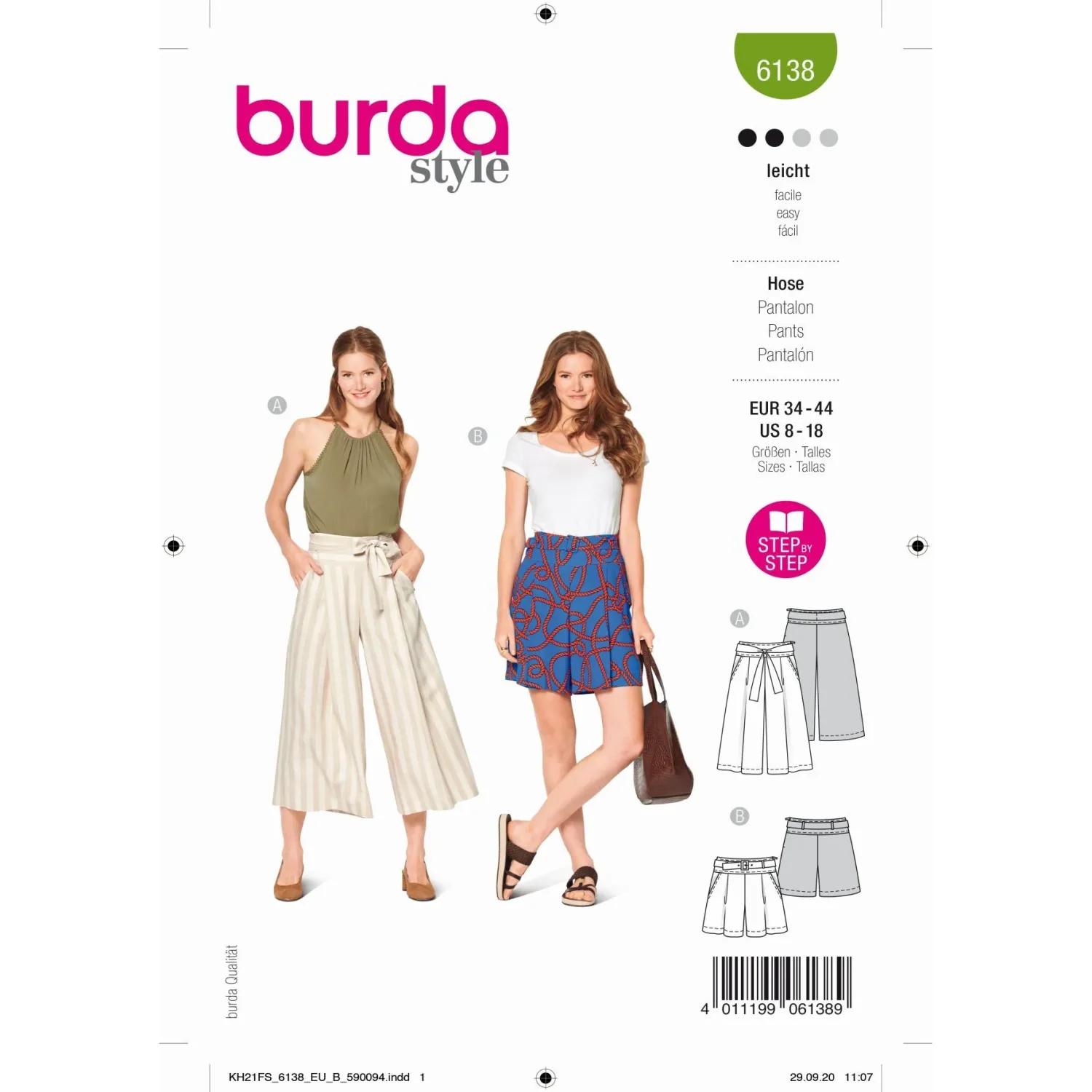 Burda 6138 culottes, byxor dam, stl 34-44