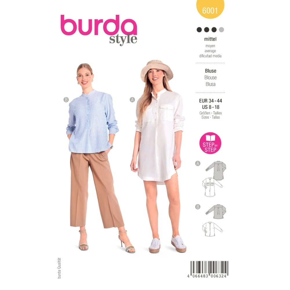 Burda 6001 - Blus med ärmslitsar och sidoslitsar dam (34-44)