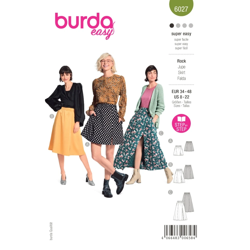 Burda 6027 - Utsvängd panelkjol med resårmidja dam (34-48)