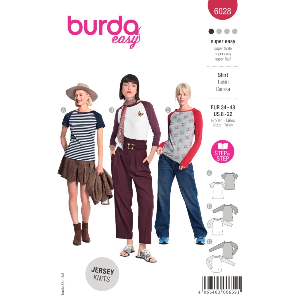Burda 6028 - Figursydd topp med raglanärm dam (34-48)