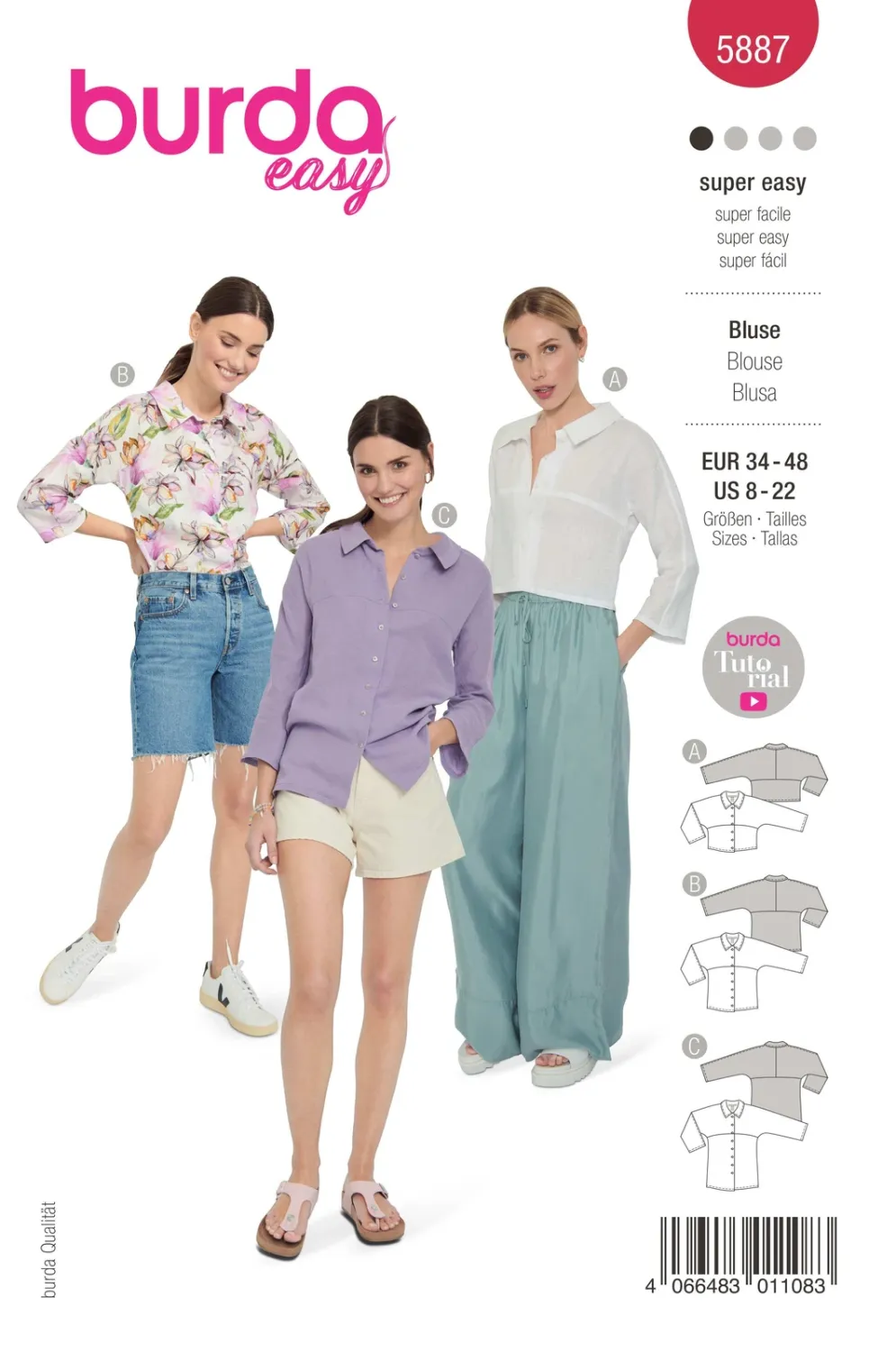 Burda 5887 - Skjortblus i tre längder dam (34-48)