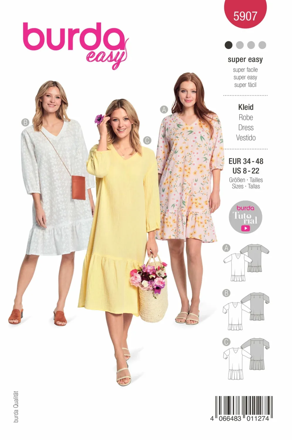Burda 5907 - Klänning med V-ringning dam (34-48)